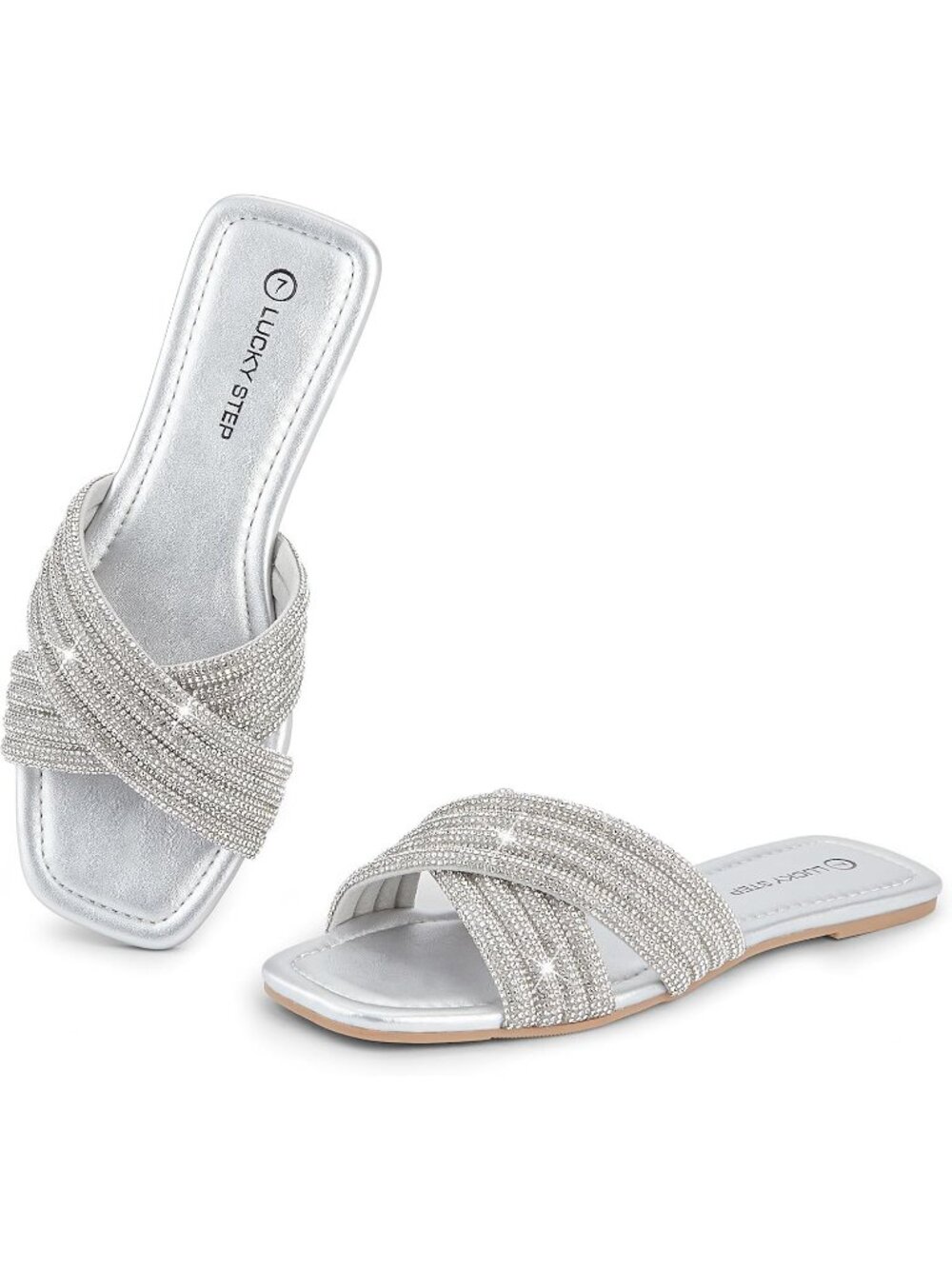Women's Silver Summer Rhinestone Open Toe Glitter Bling Crossed Strap Slide Flat